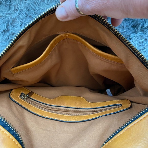 Vegan Leather Backpack Handbag. Unbranded. EUC. Gold Hardware, BRN/Mustard Color - Picture 6 of 8